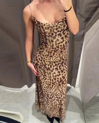 Sexy Leopard Print Gauze Sling Dress Women Sleeveless Backless Hip Package Party Dresses Female Summer Fashion Evening Robe