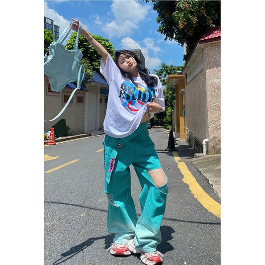 maoxiangshop  -   Blue Jeans Women Belt High Waist American Wide Leg Pants Y2K Style Fashion Streetwear Female Pants Autumn Straight Trousers