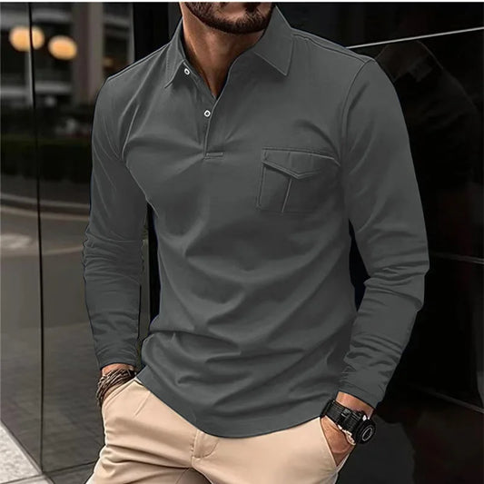 maoxiangshop Autumn And Winter New Sports Polo Shirt Men's Long-sleeved Casual Lapel Polo Shirt Solid Color Pocket T-shirt