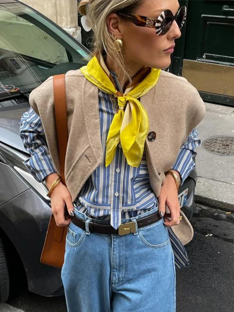 maoxiangshop  -  2024 Elegant Sleeveless Thin Coat Women Retro Street Loose O-neck Single Breasted Khaki Vest Jacket Autumn All-match Outwear