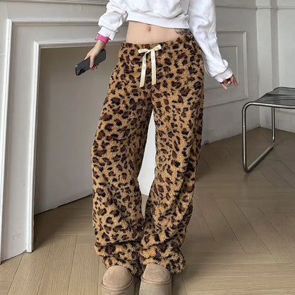 maoxiangshop  -  American Retro Leopard Print Plush Casual Pants Women Autumn Winter Streetwear Hot Girls Loose Warm Harajuku Y2K Pants