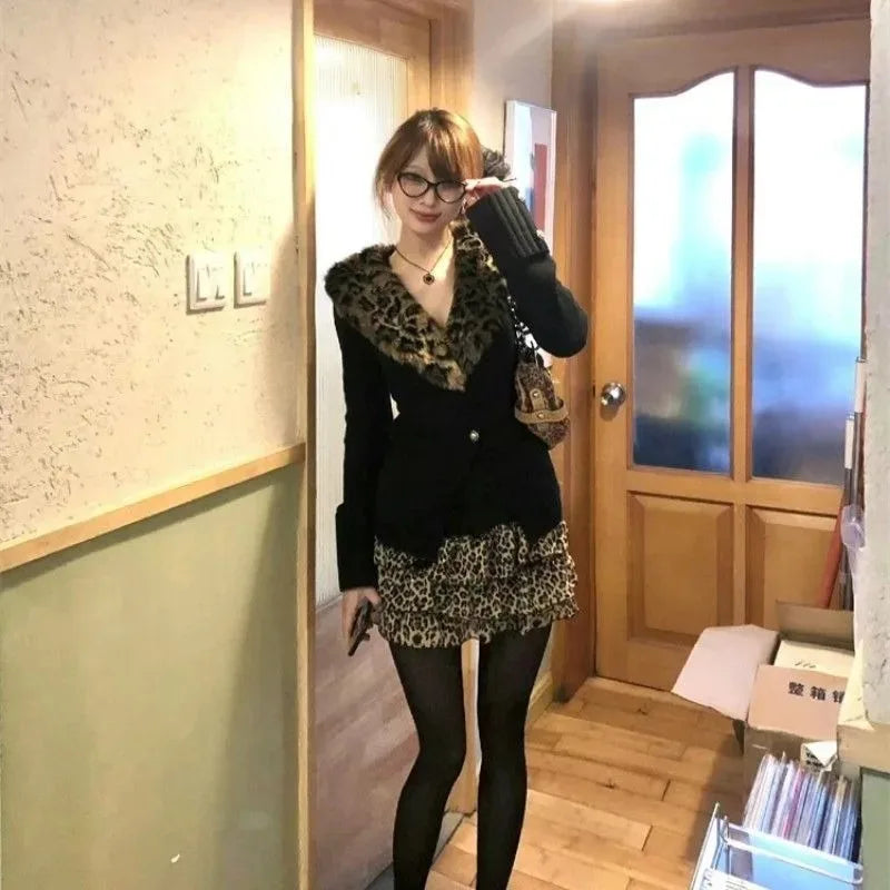 maoxiangshop  -  Y2K Retro Leopard Print Fur Collar Patchwork Knitted Cardigan Jacket Autumn Winter Hot Girl Waist Slim Harajuku Casual Jacket