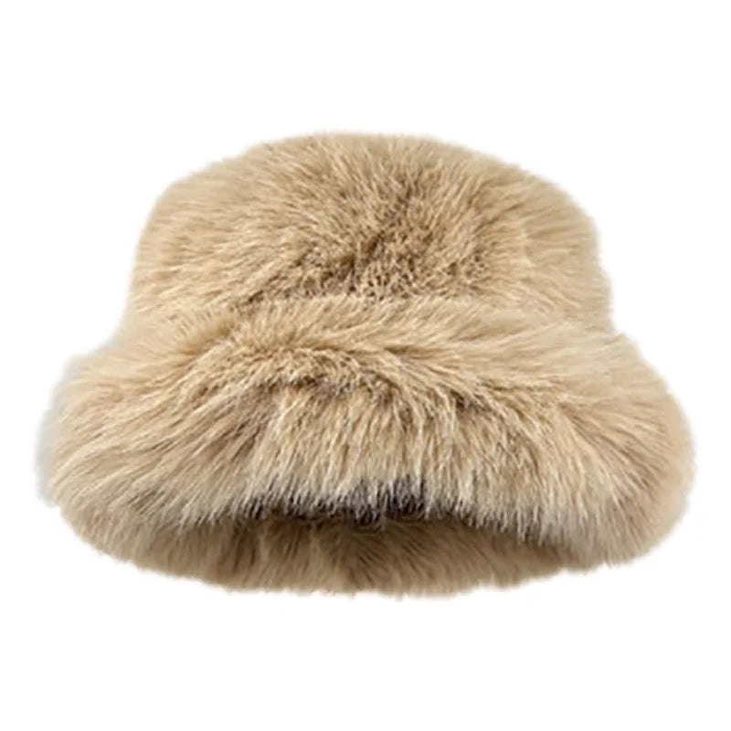 maoxiangshop  -  Y2K Fluffy Faux Fur Bucket Hat Women Winter Warm Thick Plush Ear Warmer Panama Fisherman Cap Lady Luxury Elegant Party Basin Hat