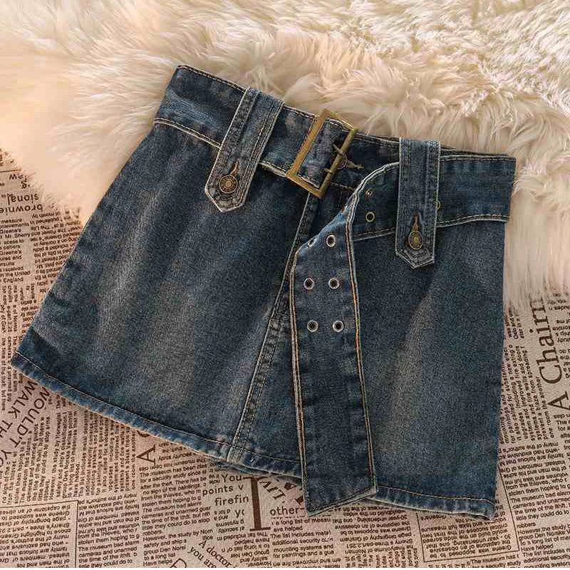 Vintage Denim Mini Skirts Women Summer Sexy Solid Belt Jeans Skirts Female Casual Ball Gown Korean Slim A Line Skirts