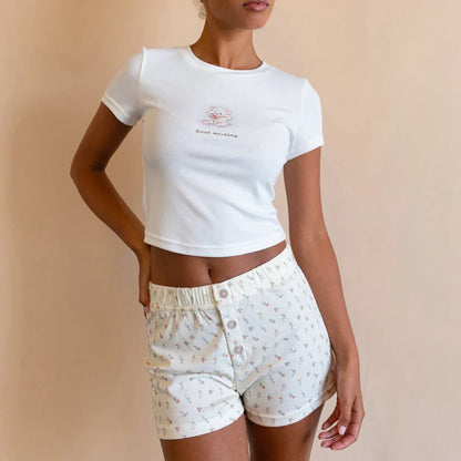 maoxiangshop  -  Women's Y2K Kawaii Summer Floral Print Button Elastic Mid Waist Cute Lounging Shorts Slim Fit Straight Sleep Bottoms