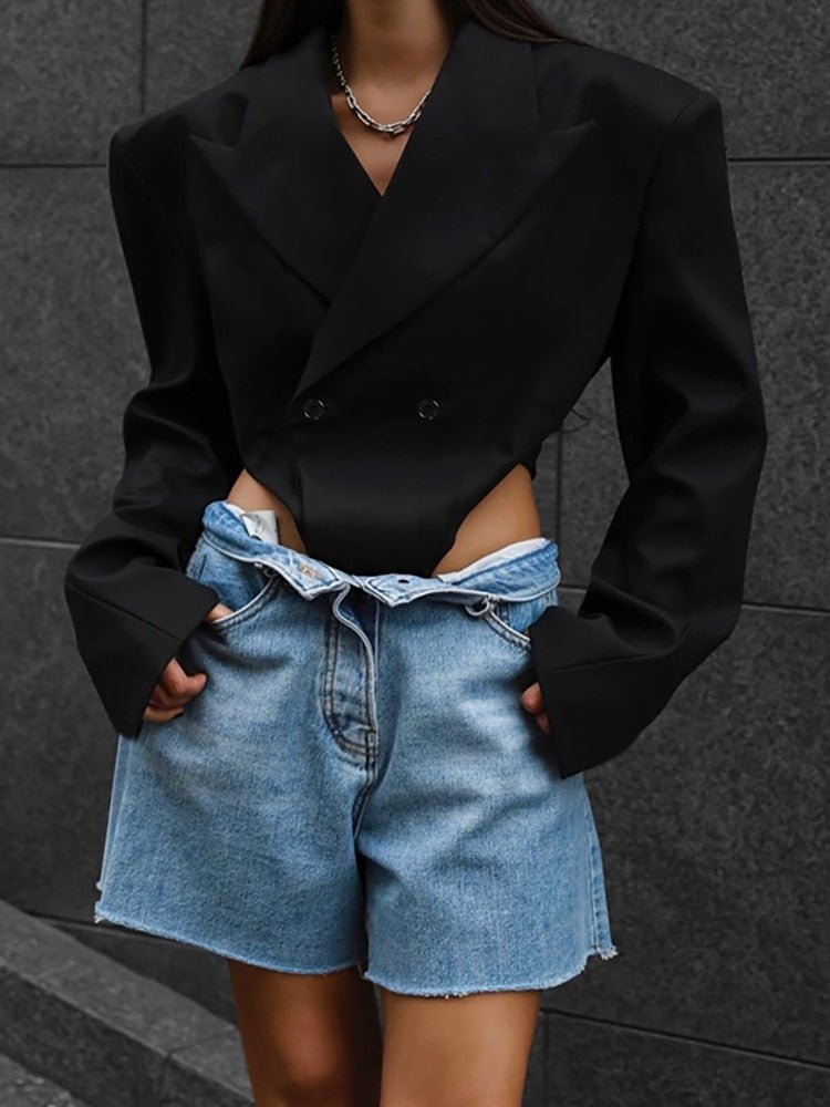 Taruxy Elegant Long Sleeve Bodysuit Women Long Sleeve Shoulder Pads Blazer Coats Body Tops 2022 Black High Street Y2K Bodysuits