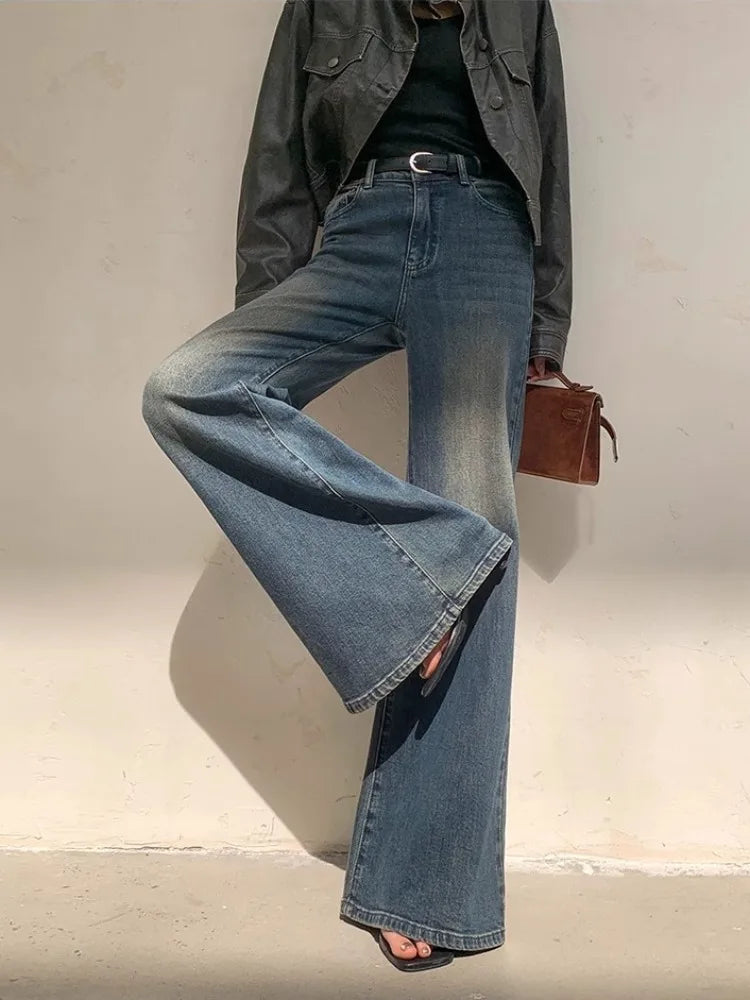 Y2k Blue Flare Jeans for Woman Vintage Wide Leg Denim Pants Female Full Length Baggy Pantalones Vaqueros Mujer Spring