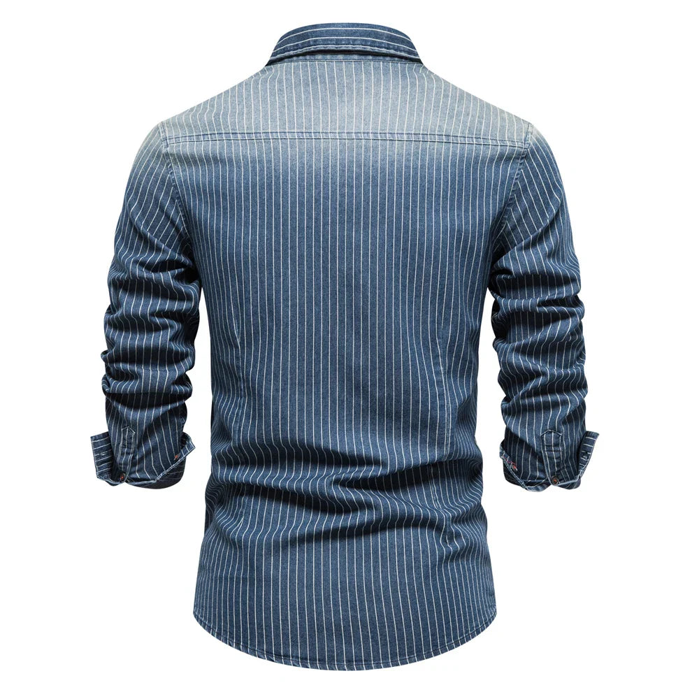 maoxiangshop Cotton Men Denim Shirts Striped Stretch Long Sleeve High Quality Jeans Shirts for Men Casual Slim Cowboy Shirts Man