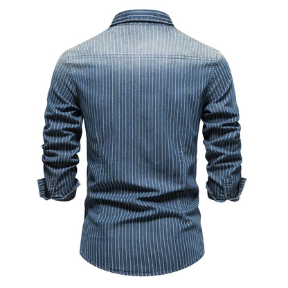 maoxiangshop Cotton Men Denim Shirts Striped Stretch Long Sleeve High Quality Jeans Shirts for Men Casual Slim Cowboy Shirts Man
