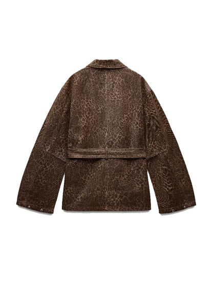 maoxiangshop  -  Leopard Jacket Women Lace up Lapel Autumn Coffee Print Women's Shirts Pockets Loose Casual Outerwears Female High Street Hipster