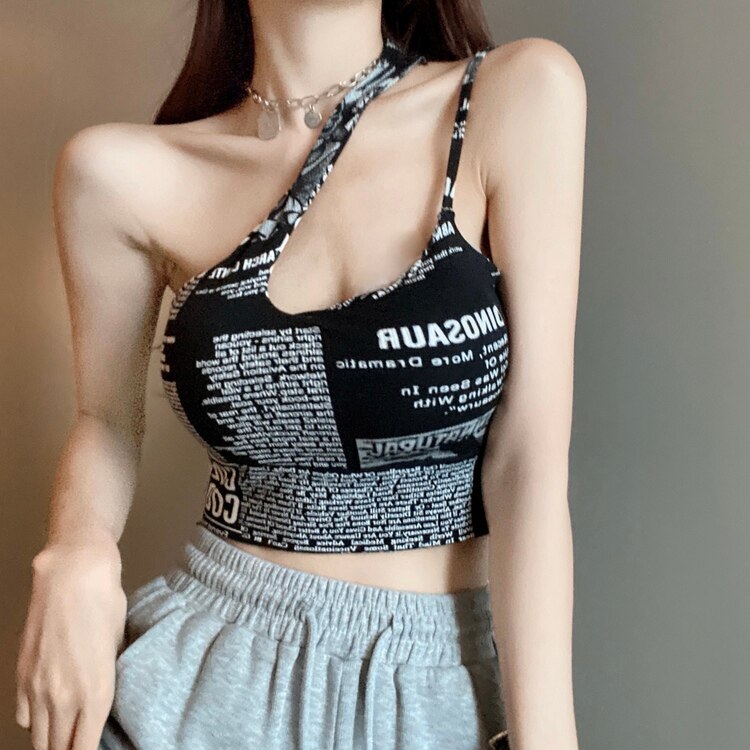 maoxiangshop irregular spaghetti strap tank top woman newspaper letter print wirefree bra camis for women camisole new trend