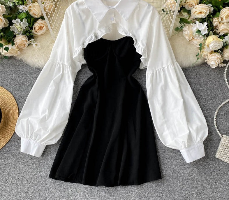 Vintage Gothic Black Lolita Dress Women Japanese Sweet Ruffled Puff Long Sleeve Blouses Crop Tops+Spaghetti Strap Party Vestidos