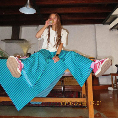 Women's Y2K Vintage Summer Baggy Long Pants Drawstring Elastic Low Waist Wide Leg Striped Trousers with 2 Pockets