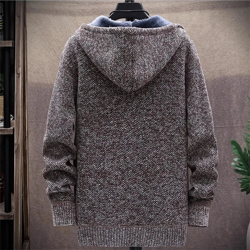 maoxiangshop Men‘s Hooded Cardigan Knitted Sweater Winter Thick Fleece Warm Casual Knitwear Coat Solid Color Cardigan Men Hooded Sweaters