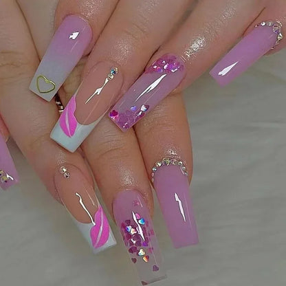 maoxiangshop 24Pcs Coffin False Nails Purple Butterfly Designs Fake Nails with Shiny Rhinestone Wearable French Full Cover Press on Nails