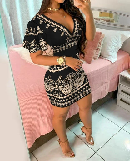 maoxiangshop Fashion 2024 Spring Summer Daily Women's Dress Elegant Casual Short Bell Sleeve Tribal Print Plunge Bodycon Mini Dress