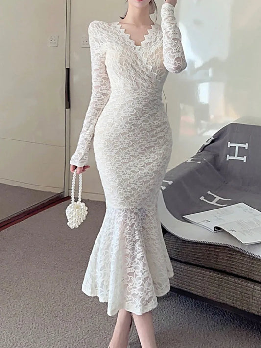 maoxiangshop White Lace Dresses Women Elegant Temperament Bodycon Mermaid Dress Autumn Long Sleeve V Neck Evening Party Hip Wrap Long Dresses