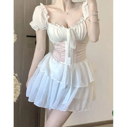 Summer New Hot Sweetheart Waist Shrinking Slim Dress Gentle White Dress Pink Waist Two Piece Set