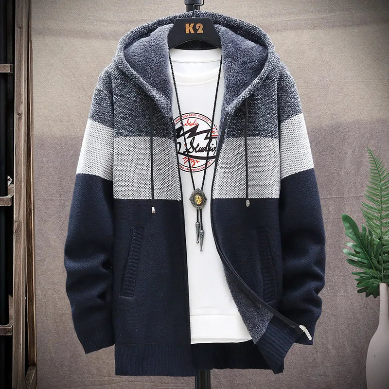 maoxiangshop Winter Men Sweater Add Velvet Cardigan Patchwork Color Stand Collar Male Casual Zipper Knitted Thick Warm Sweatercoat