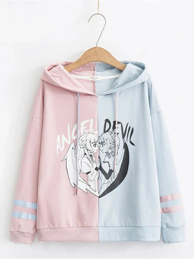 maoxiangshop Kawaii Women Hooded Hoodies Long Sleeve Lovely Patchwork Cute Girls Sweet Sweatshirt Female Pullovers