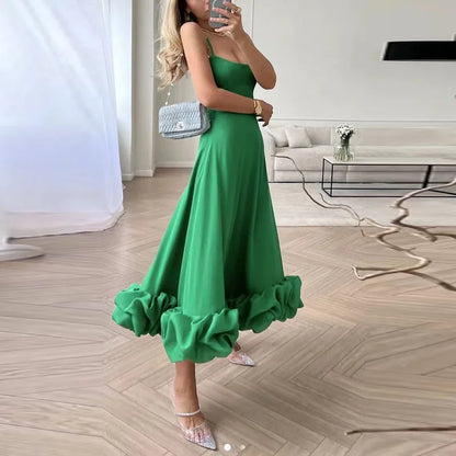 maoxiangshop Sexy Suspender Backless Women Party Long Dress Fashion Sleeveless Big Hem Ruffle Dress Ladies Elegant O-neck Solid Slim Dresses