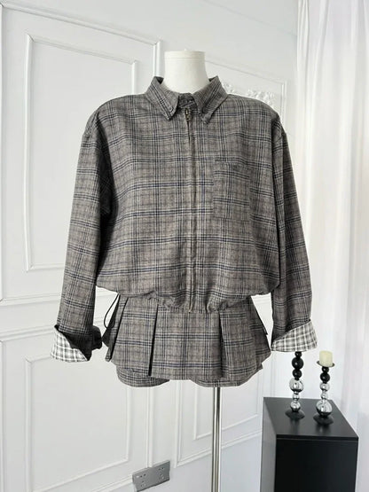 maoxiangshop  -  Sweet College Style Suit for Women, Plaid Loose Zipper Jacket, High Waist A-line Skirt, 2-Piece Set, Female Clothes, Autumn