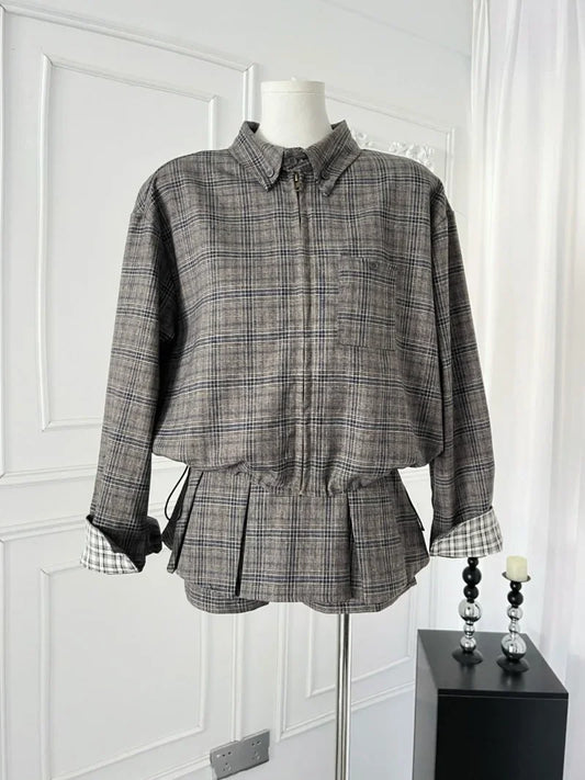 maoxiangshop  -  Sweet College Style Suit for Women, Plaid Loose Zipper Jacket, High Waist A-line Skirt, 2-Piece Set, Female Clothes, Autumn