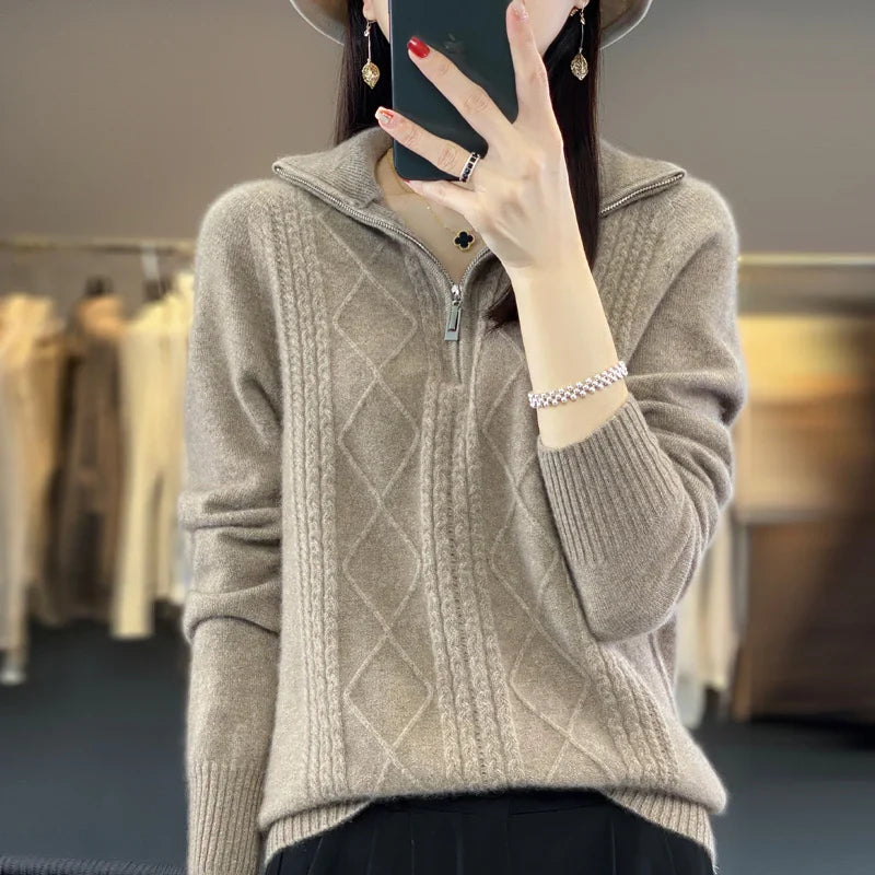 maoxiangshop 100% Merino Wool Women's Turtleneck Sweater Autumn Winter Casual Knit Loose Top Fashion Zipper Half Open Neck Cashmere Pullover