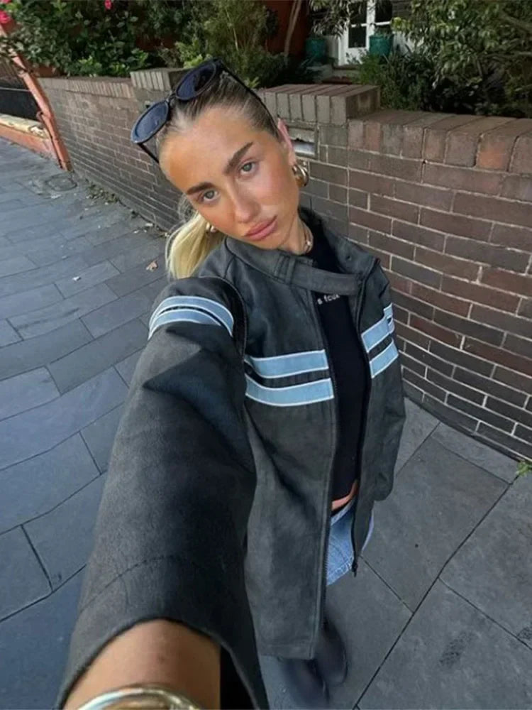 maoxiangshop  -  Women Fashion Contrasting Zipper Jacket Chic O Neck Long Sleeves Casual Loose Coats 2024 New Autumn Lady Warm Street Outerwear