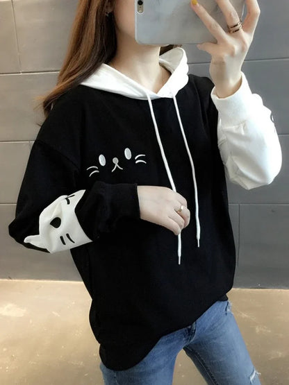 Women Hooded Sweatshirts Fall Winter Long Sleeve Hit Color Pullover Femme Cartoon Cat Embroidery Harajuku Hoodies