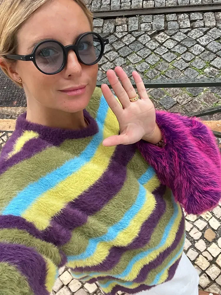 maoxiangshop -  Fashion Colorful Mohair Striped Sweater Women O Neck Long Sleeve Loose Knitted Pullover Winter Lady Soft Street Warm Jumper