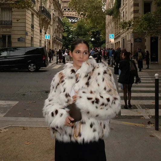maoxiangshop  -  Dot Leopard Contrast Stand Collar Faux Fur Coat Women Warm Commute Long Sleeve Fluffy Plush Jacket Autumn High Street Outerwear