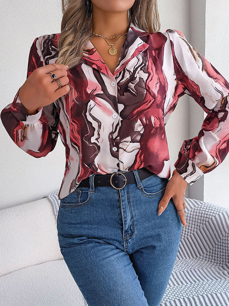 maoxiangshop Elegant Tie-dye Women's Shirt Autumn Puff Long Sleeve Tops Youth Red Shirts & Blouses Casual Button Blouse New Collection