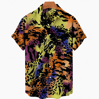 maoxiangshop Short Sleeve Leopard Men's Shirts For Man Clothing Hawaiian Fashion 3D Print Thin Lapel Floral Casual Oversized Imported Camisa