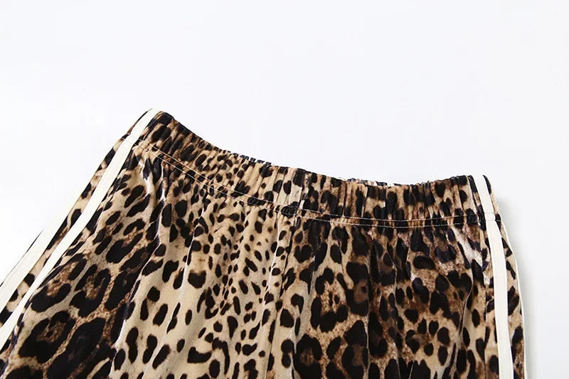 maoxiangshop  -  Striped Leopard Print Velvet Wide Leg Pants 2024 Fall Winter Women Elastic High Waist Loose Casual Trousers Streetwear Bottoms