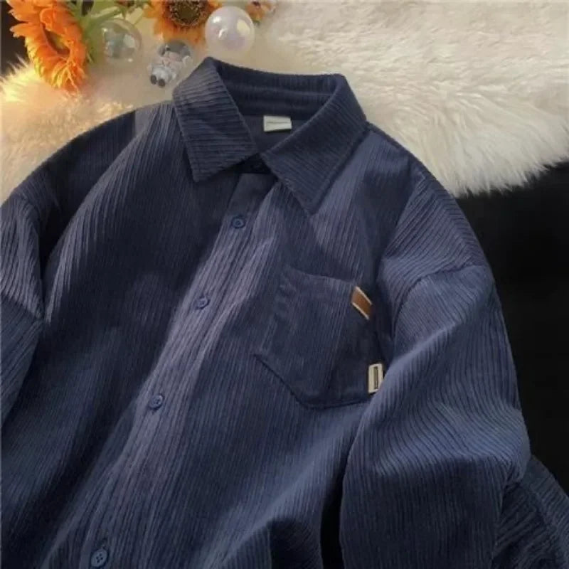 maoxiangshop Korean Fashion Long Sleeve Corduroy Sweatshirts Men Clothing Retro Spring and Autumn Casual Turn Down Collar Shirts