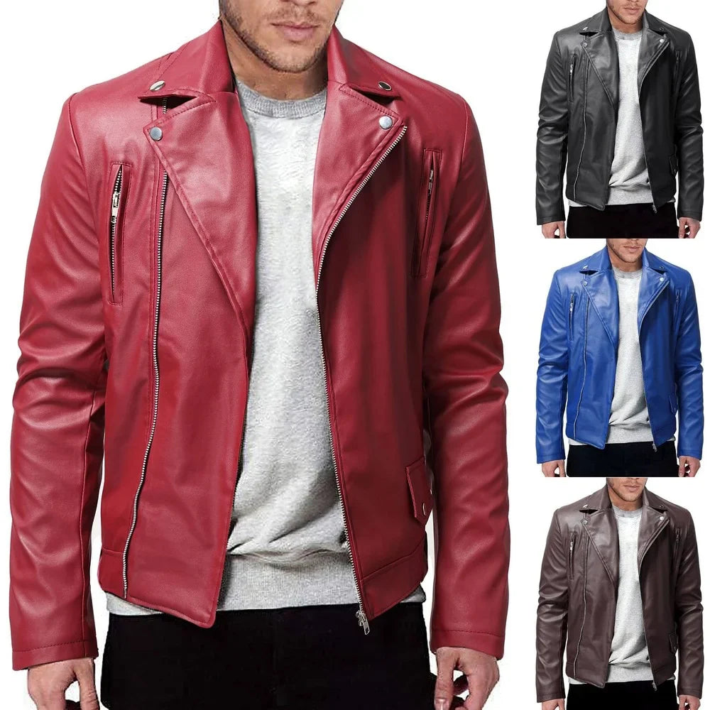 maoxiangshop WELL DRESSED MEN Men PU Leather Jacket Solid Color Casual Slim-Fit Zipper Long Sleeve Turn-Down Collar Motorcycle Leather JacketCoat Men Clothing