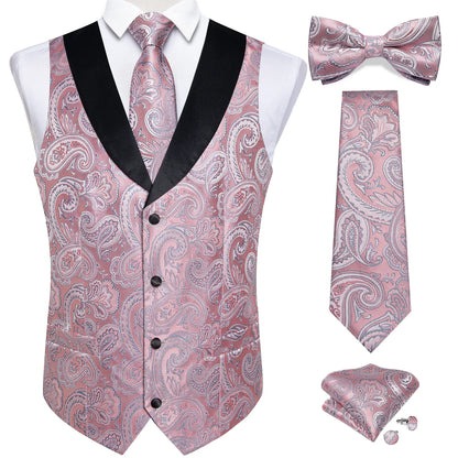maoxiangshop Brand Suit Vest Set For Men Luxury Silk Black Gold Paisley Dress Vest Tie Cufflinks Handkerchief Set Male Sleeveless Waistcoat