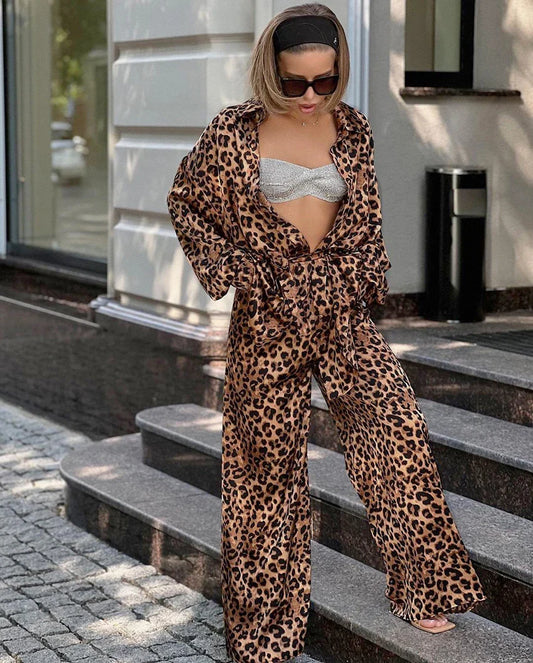 maoxiangshop  -  Leopard Street Pants Suits Women Oversize Printing Shirts And Wide Legs Pants Ladies Casual Sets Autumn 2024 Chic