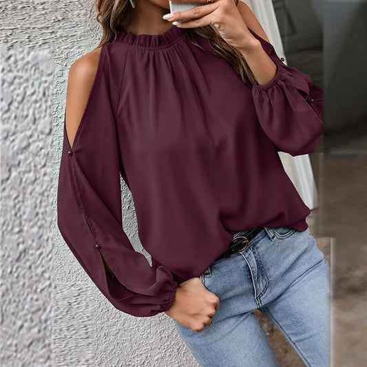 maoxiangshop Autumn and Winter New Women's Clean Color Lotus Leaf Round Neck Long Sleeve Pleated Off Shoulder Fashion Women's Top