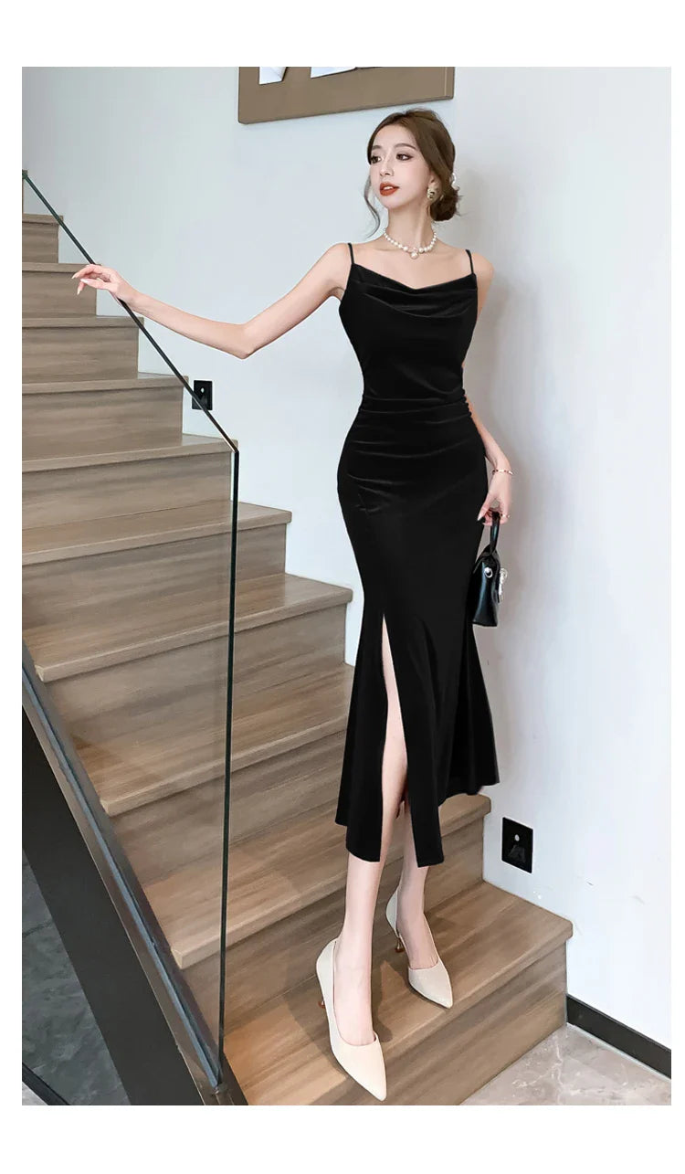 maoxiangshop Sexy Vintage Split Velvet Spaghetti Strap Midi Dresses for Women Autumn Winter French Elegant Wedding Party Female Clothing