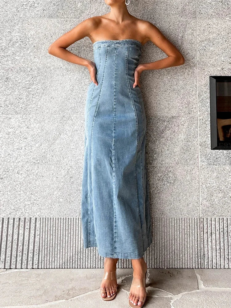 maoxiangshop  -  Side Slit Denim Bodycon Dress For Women Slim Sleeveless Maxi Dresses Women's Street Sexy Streetwear Woman Autumn New