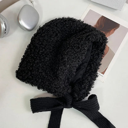 maoxiangshop  -  Lamb Wool Beanies for Women Winter Plush Warm Pullover Hats Thickened Windproof Ear Protection Cap Red Steeple Christmas Bonnets