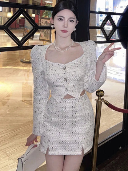High Quality Small Fragrance Tweed 2 Piece Set Women Jacket Coat Crop Top + Skirt Sets French Luxury Elegant Two Piece Suits