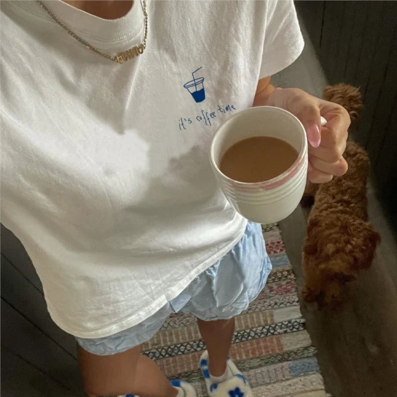 maoxiangshop  -  It Is Coffee Time Letter Print Casual Summer T-shirt Coffee Cup Pattern Cute Short Sleeve Tee Cotton Fashion Streetwear Top 2024
