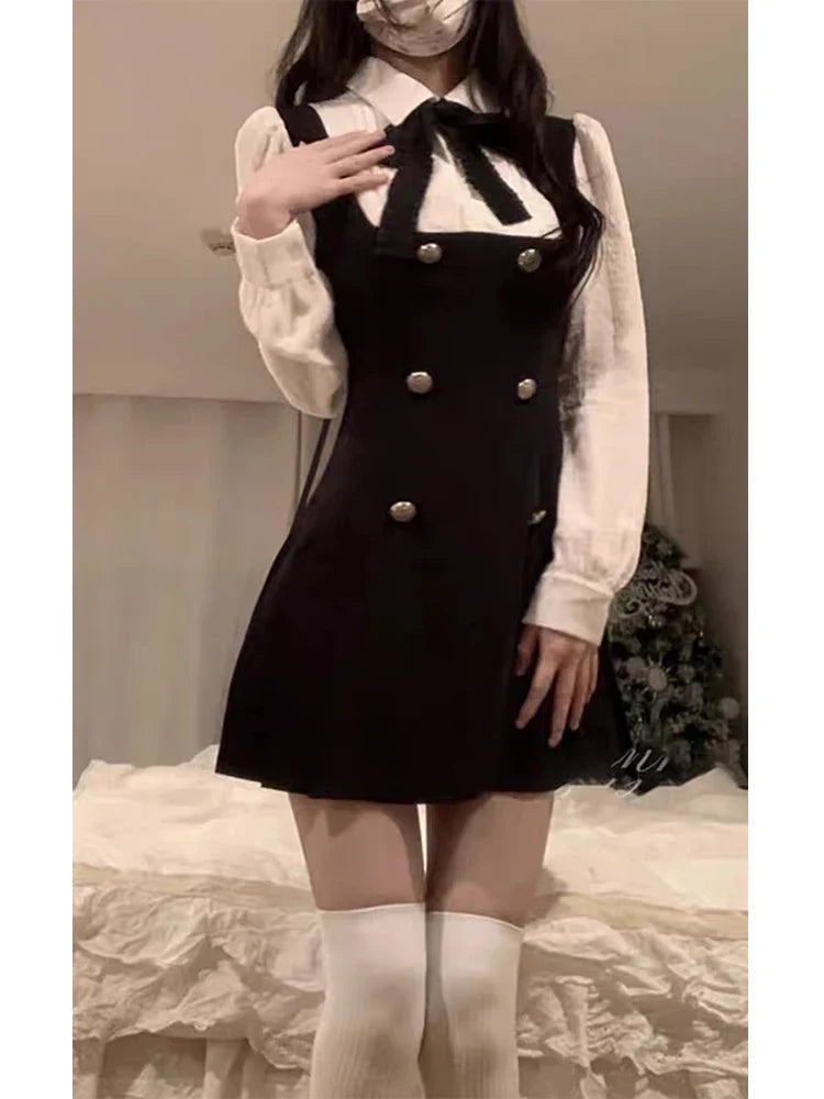 Autumn Fake Two Dress Women Slim Chic Long Sleeve Bow Casual Y2k Mini Dress Female Korean Fashion Elegant Short Party Dress