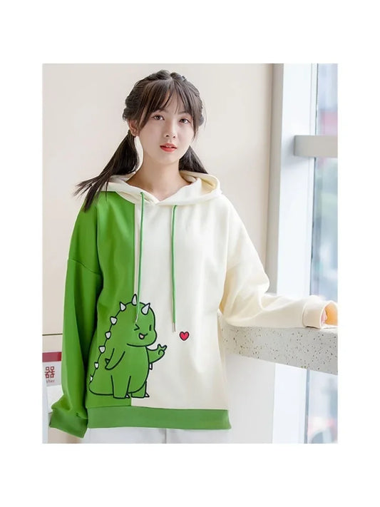 maoxiangshop Harajuku Kawaii Hoodies Cartoon Dinosaur Print Casual Women Winter Warm Fleece Hooded Cotton Sweatshirt Teen Girls Cute Top