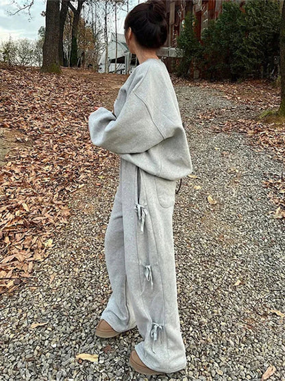 maoxiangshop  -  Casual Thick Trousers Women Loose Lace Up Bow Grey Fashion Elastic Waist Pants Female 2024 Autumn Winter Solid Warm Soft Pant