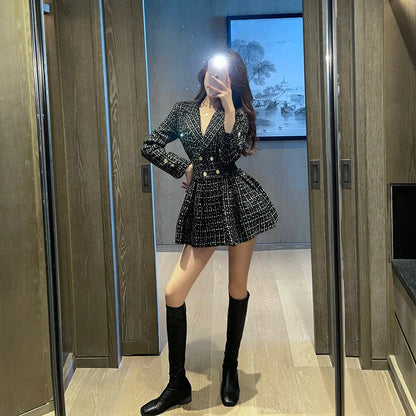 maoxiangshop Autumn Winter Small Fragrance Black Plaid Tweed Dress Women Notched Suit Blazer Pleated Double Breasted Celebrities Mini Dresses