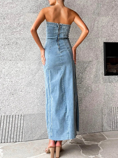 maoxiangshop  -  Side Slit Denim Bodycon Dress For Women Slim Sleeveless Maxi Dresses Women's Street Sexy Streetwear Woman Autumn New